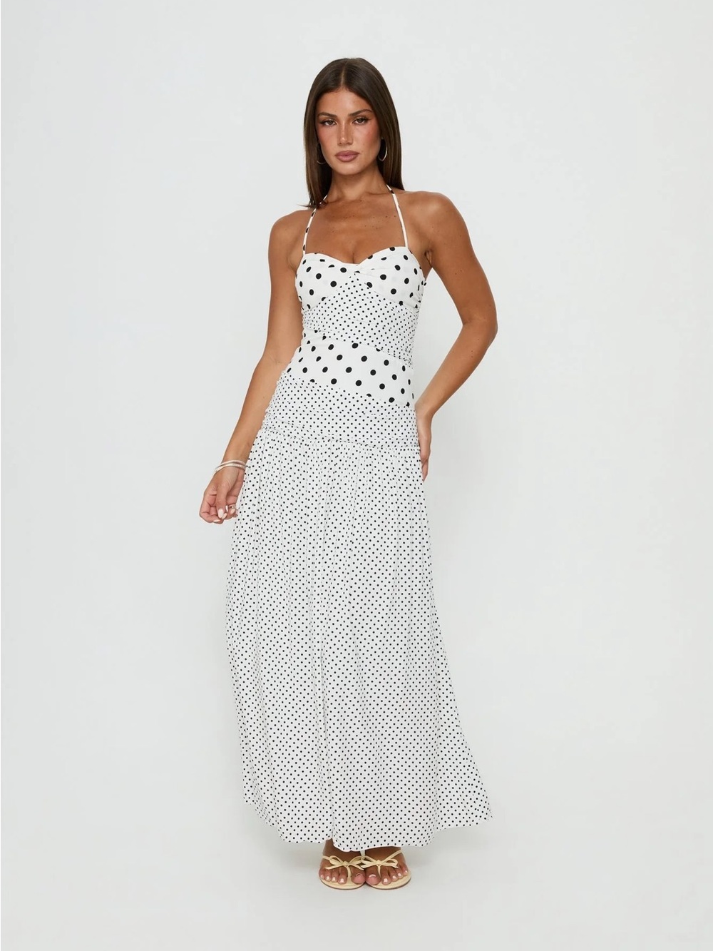 Princess Polly Lower Impact Polka Dot Halter Maxi Dress White Black NWT Size 12 - Picture 10 of 16